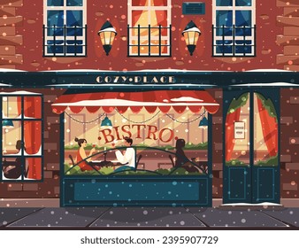 Front view of bistro or cafe, exterior facade of restaurant. Banner or background for winter holidays. Romantic Valentine's day dinner or date in cozy place. Christmas or New Year holidays celebration