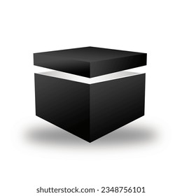 Schwarze Box mit Vorderansicht. Geschlossene 3D Square Box, Square Package mit geschlossener Verschlusskappe, leeres 3D Package Mock up. Black Cube, Geschenk, Mystery Box. Maßgeschneiderte Illustration zum 3D-Paket von Vektorgrafiken.