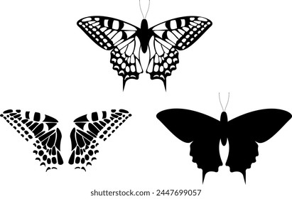 Front View Black Butterfly Silhouette Wall Decor. Vector Icon on White Background. Butterfly Contours Closeup Design Element.Contemporary Home Decor Vector Illustration. Modern Wall Decoration Element