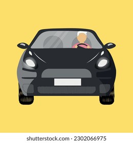Front view of a black car with a driver on a yellow background. Advertising banner of car cab transportation. Vector drawing of EPS 10
