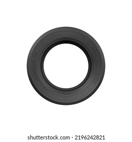 Front View Of Black Rubber Tire Rim Isolated Vehicle Wheel Spare Part. Vector Car Brakes System Object, New Summer Or Winter Tyre, Off Road Jeep Track Rubber Wheel. Mechanic Service Tires Fix