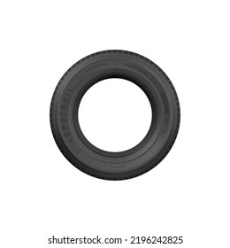 Front View Of Black Rubber Tire Rim Isolated Vehicle Wheel Spare Part. Vector Car Brakes System Object, New Summer Or Winter Tyre, Off Road Jeep Track Rubber Wheel. Mechanic Service Tires Fix