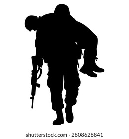 Front view black silhouette of an armed soldier carrying a rescued comrade vector graphic