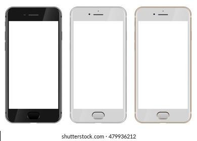 Vista frontal de un smartphone moderno en blanco, negro y dorado con pantalla blanca en blanco aislada en fondo blanco. Plantilla EPS10 del vector.