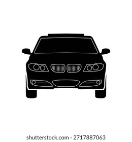 Ilustración en blanco y negro de vista frontal de un sedán de lujo moderno. Icono de contorno automotriz minimalista, aislado sobre fondo blanco. Dibujo del estilo del Vector para el diseño del transporte y la página para colorear