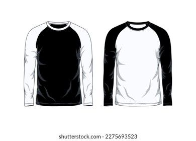 Front view of black and white long sleeve raglan t-shirt. Vector illustration