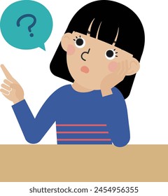 Front view of a black-haired Japanese woman wearing long-sleeved clothes who is deep in thought at her desk