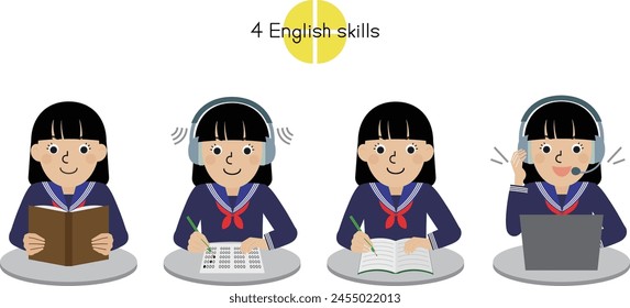 front view of a black-haired Japanese woman wearing a sailor school uniform who is trying to write something with a pencil in a notebook in front of her desk.