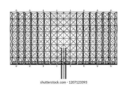 La vista frontal de la estructura de acero de carteles publicitarios en blanco puede ser utilizada para el diseño publicitario o enviar mensajes al público o cualquier propósito sobre relaciones públicas o relaciones públicas aisladas en fondo blanco.