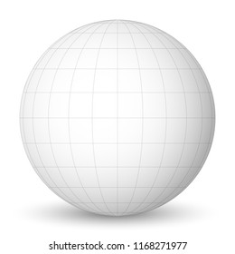 Front view of blank planet Earth white globe with grid of meridians and parallels, or latitude and longitude. 3D vector illustration.