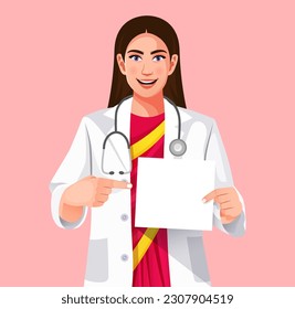 Front view blissful female doctor pointing at blank signboard on isolated background. Holding placard for advertising banner, good poster for ad, offer or announcement, or paper billboard.