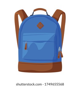 Front View of Blue Backpack with Front Zippered Pocket Flat Style Vector Illustration on White Background