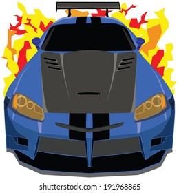 The Front View Of Blue And Black Belt Race Car On Fire Flame Pattern Background