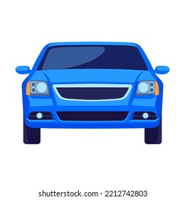 Front view blue car vector illustration. Cartoon vehicles, car, truck, lorries, sedans isolated on white background. Transport, urban traffic, road concept