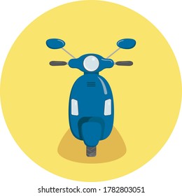 Front view of blue electric motor scooter on the yellow round background. Vector Flat design.