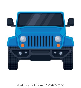 Front View of Blue Off Road Truck, SUV Pickup, Jeep Car Flat Vector Illustration