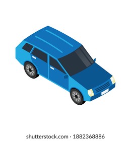 Front view blue passenger car on white background 3d isometric vector illustration