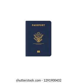 Front view of blue passport cover. Golden lines and text, bird logo and leather texture. Real passport vector illustration. International id document. Immigration on citizenship banner.