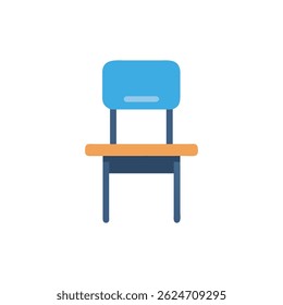Una vista frontal de la silla azul de la escuela con el escritorio de madera aislado en blanco. Estilo gráfico plano.