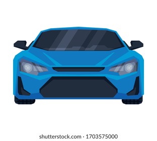 Front View of Blue Sport Car, Supercar Vehicle Flat Vector Illustration