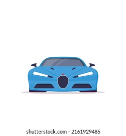 Front view of blue sport super car. Flat style vector illustration. Vehicle and transport banner. Futuristic modern supercar from front.