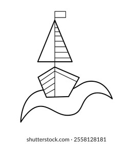 Front view of boat on a wave black outline. Doodle clip art for your projects.