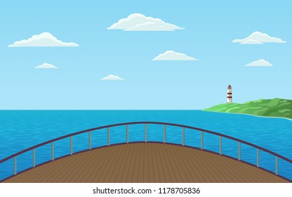 front view of bow ship sailing in sea with lighthouse on shore and blue sky background in flat icon design