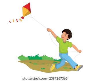 Front view of boy flying kite