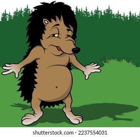 Front View of a Brown Sleepy Hedgehog with Outstretched Paws - Colored Cartoon Illustration with Background, Vector