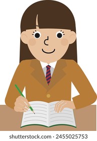 Front view of a brown-haired Japanese woman wearing a blazer school uniform and trying to write something with a pencil in a notebook in front of her desk