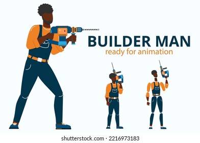 Front view of builder in uniform with perforator. Afro american character for construction or home renovation scene. Handyman character holding hammer drill ready for animation vector illustration.