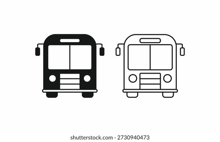 Icono de bus de vista frontal en estilos de contorno fino y negro sólido. Símbolos de Vector de transporte público urbano y autobús escolar para Web, App e infografías