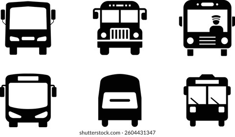 Front View Bus Icon in Silhouette on a White Background. 