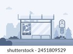 Front view of a bus stop or bus shelter with map and sign banner. Public transport vector illustration with a modern city silhouette in the background. Urban route