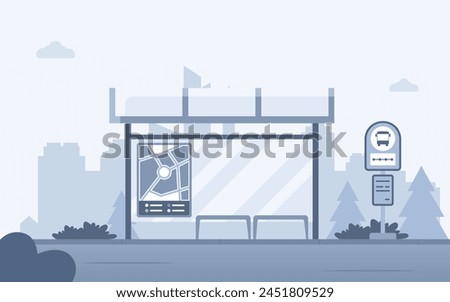 Front view of a bus stop or bus shelter with map and sign banner. Public transport vector illustration with a modern city silhouette in the background. Urban route