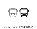Front view bus transport icon set in outline and glyph style