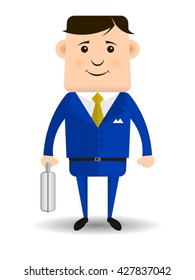 Front view of businessman wearing blue suit and carrying his briefcase in hand. Vector image