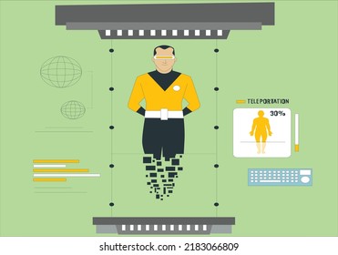 Front view of businesspeople inside abstract teleportation Station. Future technologies concept. Glowing hacker hologram with stock chart standing in teleportation station. Future technologies concept