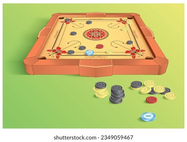 Front view of Butterfly pattern Carrom board and coins isolated on green background in vector illustration