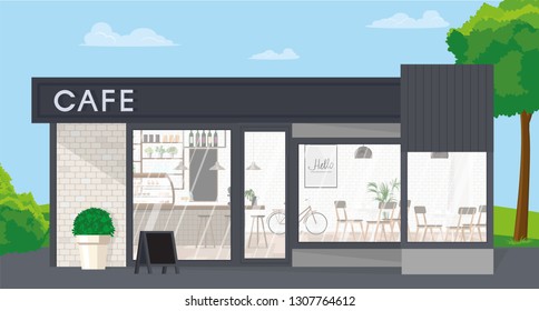 Front view of a cafe. Restaurant's design is made in a modern loft style in gray tones. Vector flat illustration.