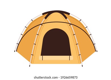 Vista frontal de una carpa de lona con techo en forma de cúpula aislado en un fondo blanco. Albergue para vacaciones en la naturaleza, camping, senderismo y montañismo. Equipo de viaje. Ilustración vectorial de dibujos animados planos