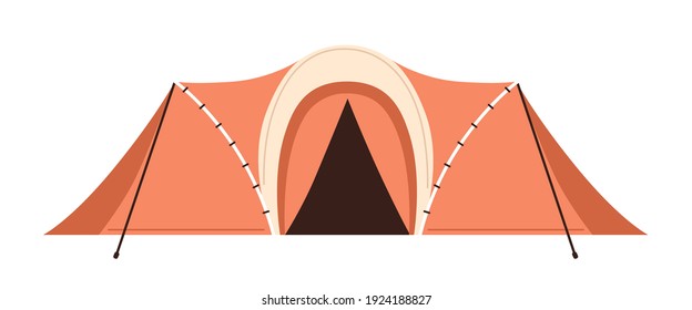 Front view of canvas tent with flat roof isolated on white background. Portable shelter for camping, nature recreation and hiking. Summer touristic equipment. Colored flat cartoon vector illustration