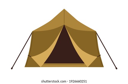 Front view of canvas wall tent isolated on white background. Military shelter for nature recreation, camping and hiking. Touristic equipment. Colored flat vector illustration