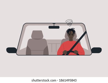 A front view of a car driven by a young annoyed Black character, daily commute, traffic jam, a car ride scene