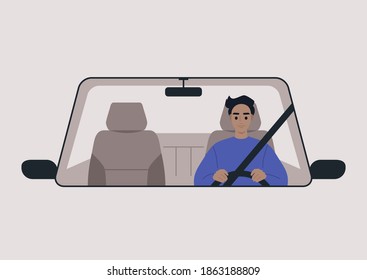 A front view of a car driven by a young male character, daily commute, a road trip scene