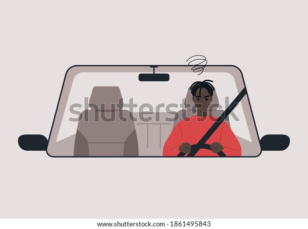A front view\
of a car driven by a young annoyed Black character, daily commute,\
traffic jam, a car ride\
scene