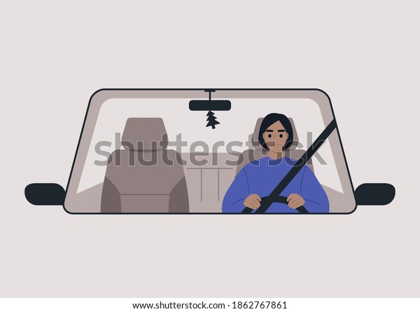 A front view of a car driven
by a young female character, daily commute, a road trip
scene
