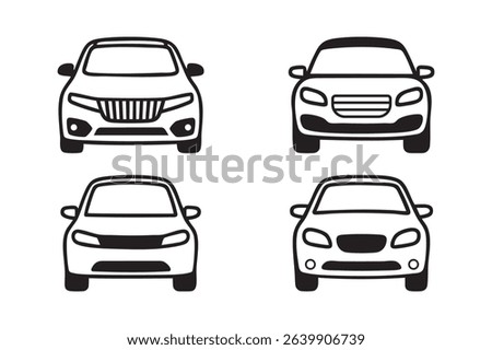 Front View Car Icon Set – Minimal Line Art Vehicle Illustrations