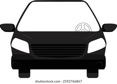 Front View Car Illustration, Simple Black Vehicle Graphic, Isolated on White Background, Transportation Icon, Automobile Design, Flat Vector Image