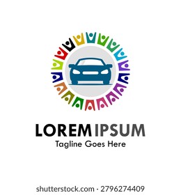 Front view car silhouette with colorful people community circle logo template for taxi company, automobile association, or vehicle rental.